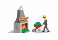 Business man carrying pill of money in wheelbarrow to burning money. business finance metaphor in cartoon illustration vector isol Royalty Free Stock Photo