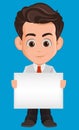 Business man cartoon character. Cute young businessman in office clothes holding blank banner. Royalty Free Stock Photo