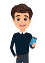 Business man cartoon character. Young handsome businessman in smart casual clothes holding smartphone