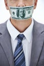 Business man, cash and mouth for silence, bribe or corruption with suit in studio by white background. Person, money and Royalty Free Stock Photo