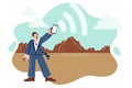 Business man catches signal from cell station on smartphone to send file over 5g network