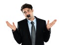 Business man, censored mouth and shrug in a suit for employee professional work. White background, corporate worker and