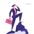 Business Man Character with Briefcase in Hand Looking to Distance on Top of Mountain. Successful Businessman on Peak