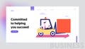 Business Man Character Drive Forklift Loader with Huge Square Figure Riding along Red Arrow on Floor. Challenge