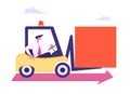 Business Man Character Driving Forklift Loader with Huge Square Figure Riding along Red Arrow on Floor