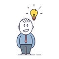 Business man character having an idea. Vector thin line doodle icon illustration with little businessman person with lightbulb.