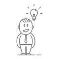 Business man character having an idea. Vector thin line doodle icon illustration with little businessman person with lightbulb.