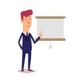 Business man character points to the board. Cartoon successful businesman in suit shows the presentation. Young office Royalty Free Stock Photo