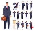 Business man character poses, office worker in suit. Businessman work, run, hold money, worry and happy. Flat boss, busy Royalty Free Stock Photo