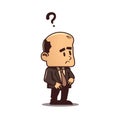 Business man character questioning. Vector cartoon illustration with little businessman person with question mark. Searching for