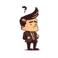 Business man character questioning. Vector cartoon illustration with little businessman person with question mark. Searching for