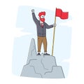 Business Man Character with Red Flag Waving Hand Standing on Top of Mountain Peak. Successful Businessman on Rock Royalty Free Stock Photo