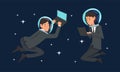 Business Man Character in Suit with Laptop and Astronaut Helmets Flying in Outer Space Among Stars Vector Set