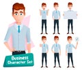 Business man character vector set. Business employee male characters with happy, smiling and angry expressions in standing pose. Royalty Free Stock Photo