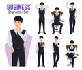 Business man character vector set. Businessman characters isolated in white background with thinking, standing and sitting pose.