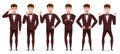 Business man character vector set. Businessman formal characters in tuxedo suit with facial expression isolated in white.
