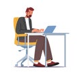 Business Man Character Working on Laptop Sitting at Desk Workplace in Office or Home. Manager, Clerk Work on Computer Royalty Free Stock Photo