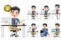 Business man characters in office desk vector set. Business office manager character waving, relaxing and calling.