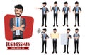 Business man characters vector set. Businessman character office employee in different pose and gestures.