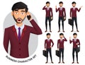 Business man characters vector set. Businessman male boss character with expression and gesture of calling, shocked and serious.