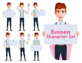 Business man characters vector set. Businessman male character with sling bag in standing pose, thumbs up and approve hand gesture