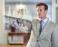 Business man, chart and writing on screen with statistics, plan or stock market for growth. Interface, technology and Royalty Free Stock Photo