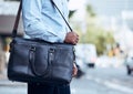 Business man, city and walking with bag, leather briefcase and accessory for travel, work and professional career Royalty Free Stock Photo