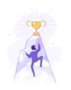 Business man is climbing to top of the mountain there is golden cup. Leadership and achievement concept. Modern vector Royalty Free Stock Photo