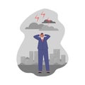 Business man clutching head terrified of problems under clouds and lightning, risk management vector flat illustration