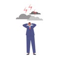 Business man clutching head terrified of problems under clouds and lightning, risk strategy vector flat illustration