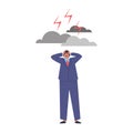 Business man clutching head terrified of problems under clouds and lightning, risk strategy vector flat illustration Royalty Free Stock Photo