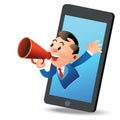 Business man coming out from mobile phone background and making annoucement with a red speaker Royalty Free Stock Photo