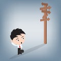 Business man confusing and looking at wood sign, illustration vector in flat design