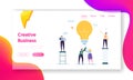 Business Man Creative Idea Landing Page. Teamwork Solution for Growth Success. Woman Character Power up Lightbulb