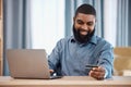 Business man, credit card and laptop for office online shopping, e commerce payment and happy loan. African employee on Royalty Free Stock Photo