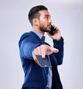 Business man, credit card or phone call in studio for communication or fintech payment. Asian person with smartphone for Royalty Free Stock Photo