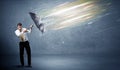Business man defending light beams with umbrella concept Royalty Free Stock Photo