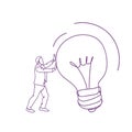 Business Man Doodle Push Light Bulb Hand Drawn Banner New Idea Concept Royalty Free Stock Photo