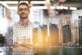 Business man, double exposure and arms crossed by cityscape in portrait with confidence, career or overlay at job Royalty Free Stock Photo