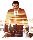 Business, man and double exposure of city or skyline on portrait with power from leadership in white background. Serious Royalty Free Stock Photo