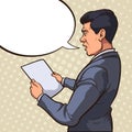 Business man drawn retro style, reading a blank piece of paper Royalty Free Stock Photo