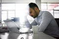 Business man dreaming on office desk. Business man in office. Royalty Free Stock Photo