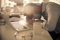 Business man dreaming on office desk. Business man in office. Royalty Free Stock Photo