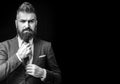 Business man dressed in classic suits. Elegance casual dress. Fashion suit. Bearded modern mens on black cackgriund