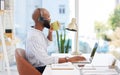 Business, man and drinking coffee in call center office with headset, laptop and telemarketing break by desk. Consultant Royalty Free Stock Photo