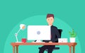 Business man entrepreneur in a suit working at his office desk. Vector illustration in flat style Royalty Free Stock Photo