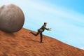 Business man escaping from big stone in the mountain 3d illustrations