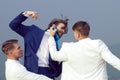 Business man fighting. Businessman punching, hitting colleague, twin men in formal outfit. Royalty Free Stock Photo