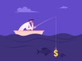 Business Man Fishing with Dollar Sign like Bait. Success Finance Growth Strategy. Manager or Office Employee Earning