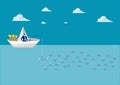 Business man fishing on a paper boat on ocean background illustrator